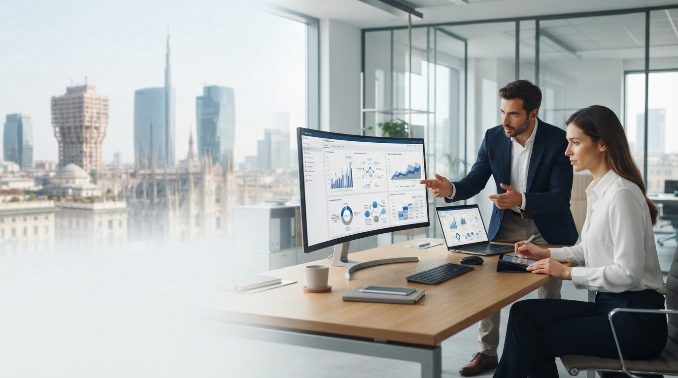 Lampo Rendecto Ai - edificio direzionale moderno con linea di tendenza dei dati sovrapposta